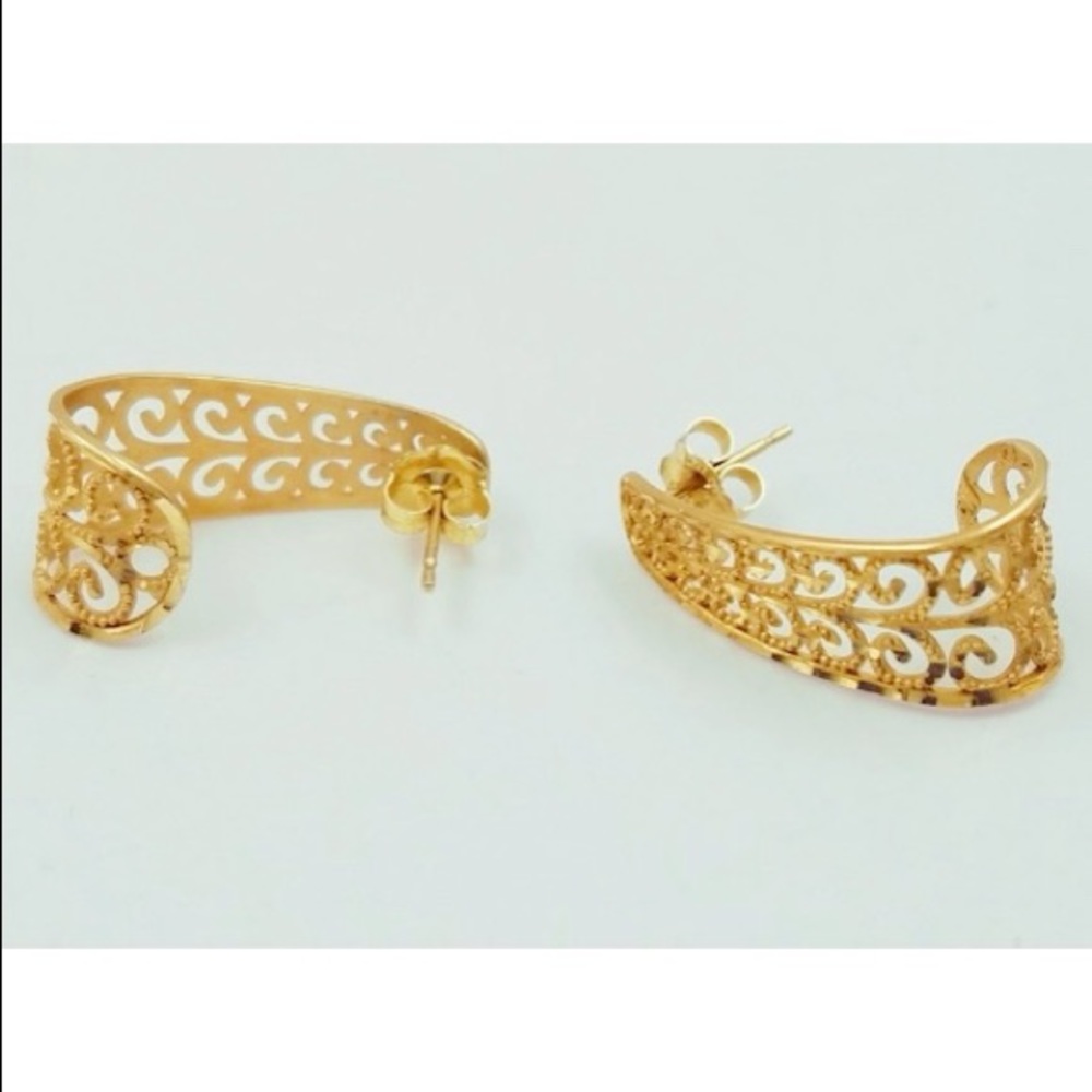 14Kt Gold Ornate Semi Hoop Earrings
